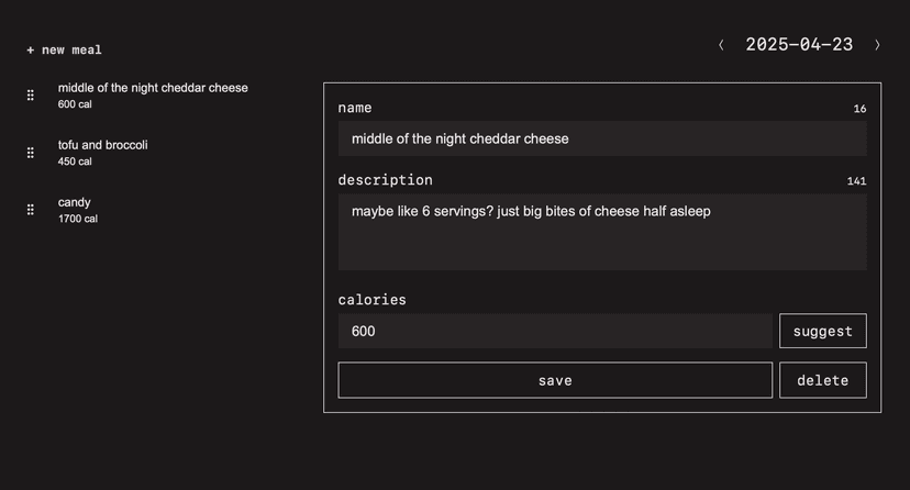 Meal logging interface (dark mode)