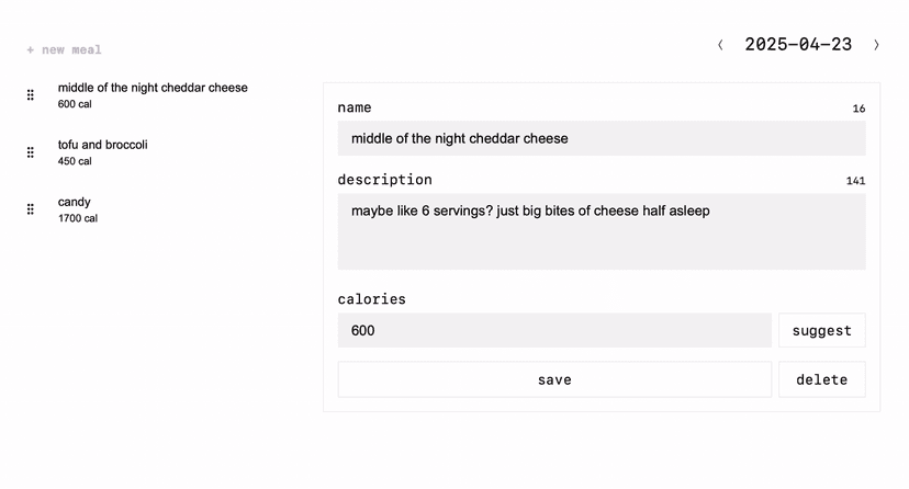Meal logging interface (light mode)