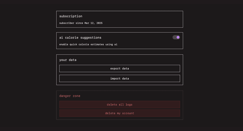 Settings and data management (dark mode)
